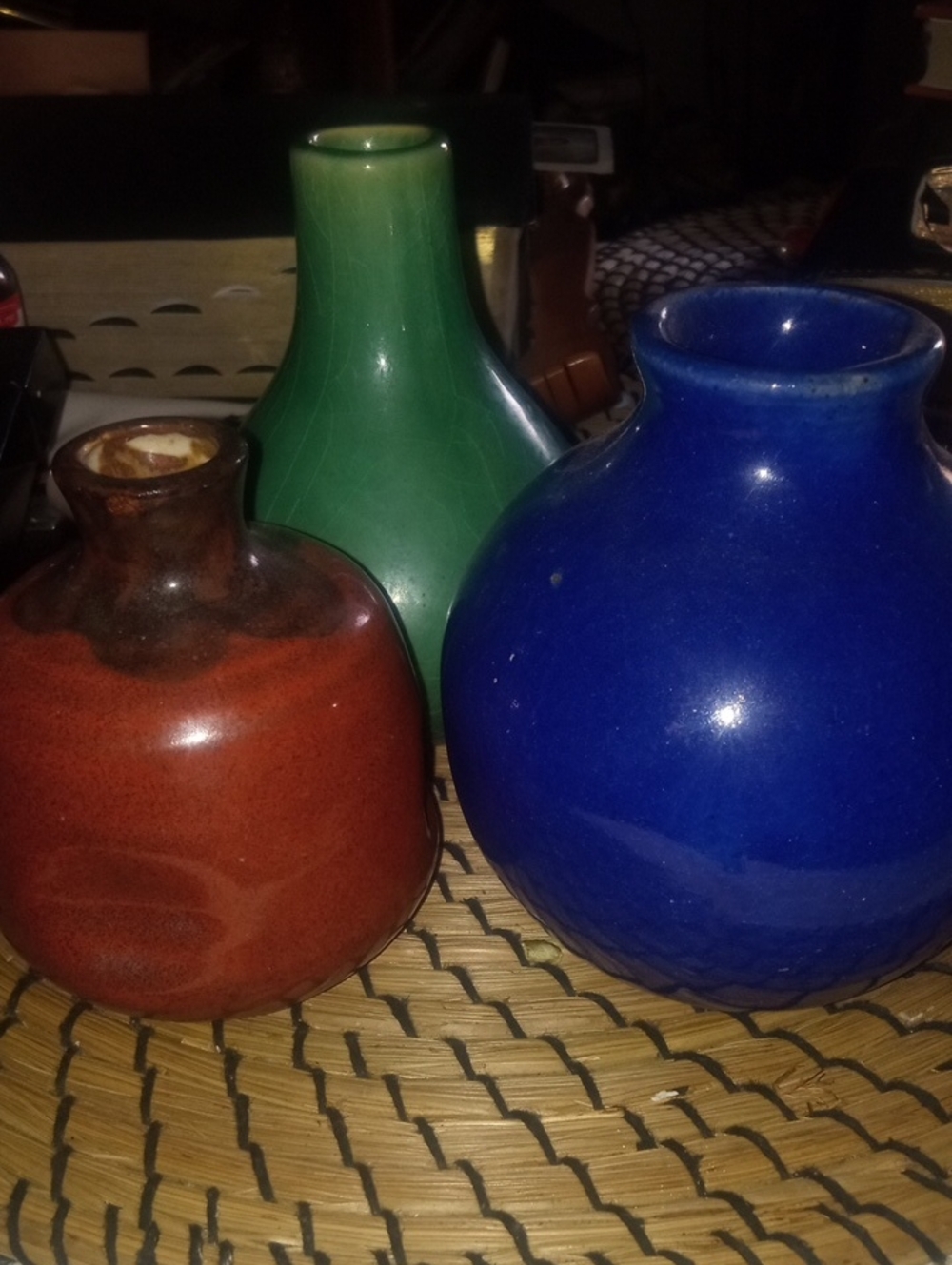 Corful Vtg Studio Pottery Vase Trio - Blue, Green, and Red